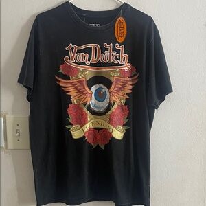 Von Dutch Black Tee with Eye and Rose Graphic